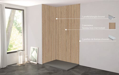 ONDEE - Pack complet de montage panneaux muraux Tasseau bois 120 cm - Profilé chromé inclus - large
