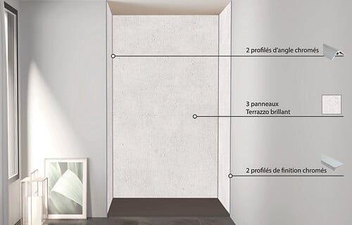 ONDEE - Pack montage 3 panneaux muraux en niche - Terrazzo 120 cm - profilés chromés - large
