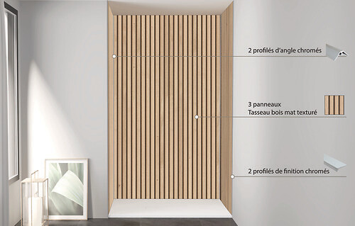 ONDEE - Pack montage 3 panneaux muraux en niche - Tasseau bois 120 cm - profilés chromés - large