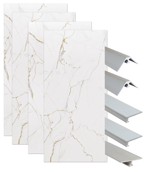 ONDEE - Pack montage 4 panneaux muraux en niche - marbre blanc mat 200 cm - profilés chromés - large