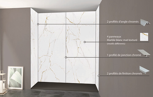 ONDEE - Pack montage 4 panneaux muraux en niche - marbre blanc mat 200 cm - profilés chromés - large
