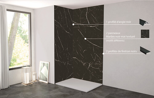 ONDEE - Pack complet de montage panneaux muraux Marbre Noir 120 cm - Profilé noir inclus - large