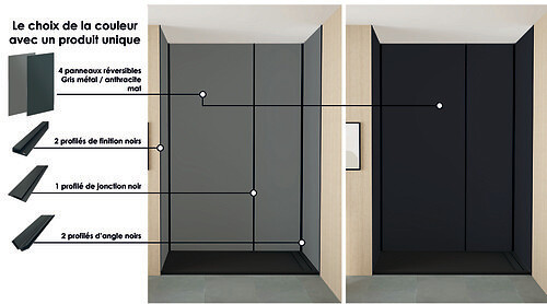 ONDEE - Pack montage 4 Panneaux muraux  en niche -  Gris & Anthracite 200 cm - profilés noirs - large