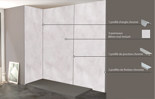 ONDEE - Pack complet de montage panneaux muraux Béton 200 cm - Profilé chromé inclus - large