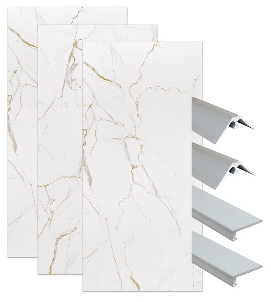 ONDEE - Pack montage 3 panneaux muraux en niche - marbre blanc mat 120 cm - profilés chromés - large