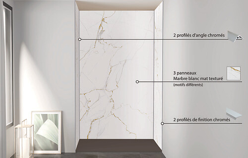 ONDEE - Pack montage 3 panneaux muraux en niche - marbre blanc mat 120 cm - profilés chromés - large