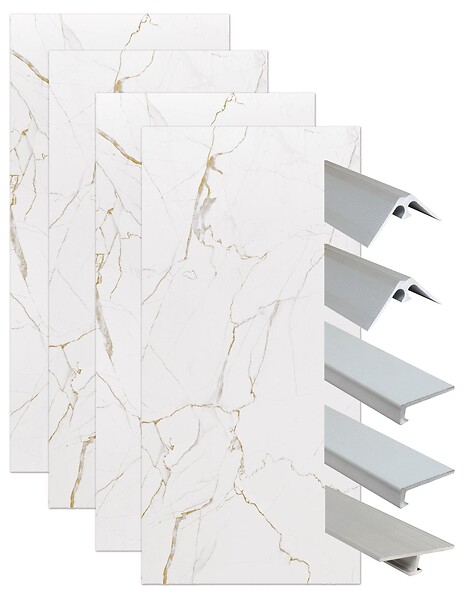 ONDEE - Pack montage 4 panneaux muraux en niche - marbre blanc 200 cm - profilés chromés - large