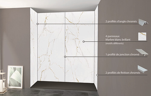 ONDEE - Pack montage 4 panneaux muraux en niche - marbre blanc 200 cm - profilés chromés - large