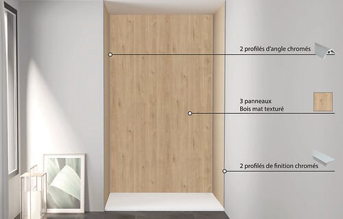 ONDEE - Pack de montage 3 panneaux muraux en niche - Bois 120 cm - profilés chromés - large