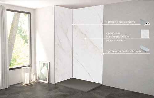 ONDEE - Pack complet de montage panneaux muraux Marbre Gris 120 cm - Profilé chromé inclus - large