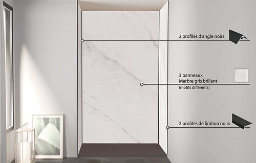 ONDEE - Pack montage 3 panneaux muraux en niche - marbre gris 120 cm - profilés noirs - large