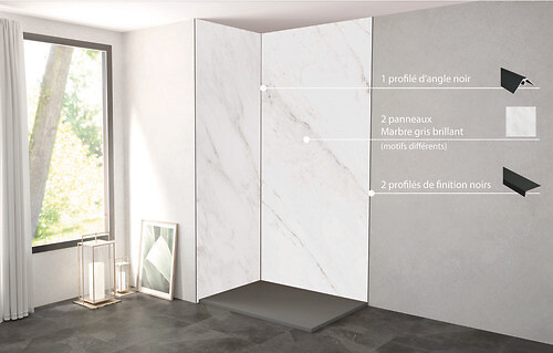 ONDEE - Pack complet de montage panneaux muraux Marbre Gris 120 cm - Profilé noir inclus - large