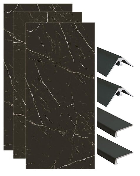 ONDEE - Pack de montage 3 panneaux muraux en niche - marbre noir 120 cm - profilés noirs - large