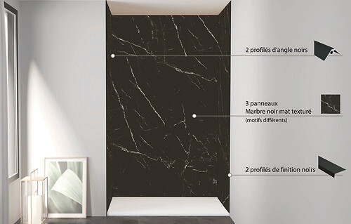 ONDEE - Pack de montage 3 panneaux muraux en niche - marbre noir 120 cm - profilés noirs - large