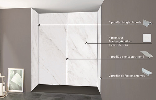 ONDEE - Pack montage 4 panneaux muraux en niche - marbre gris 200 cm - profilés chromés - large