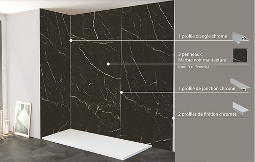 ONDEE - Pack complet de montage panneaux muraux Marbre Noir 200 cm - Profilé chromé inclus - large
