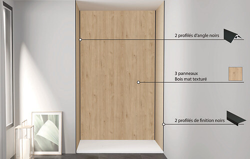 ONDEE - Pack de montage 3 panneaux muraux en niche - Bois 120 cm - profilés noirs - large
