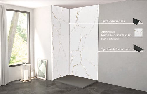 ONDEE - Pack de montage panneaux muraux Marbre Blanc effet mat 120 cm - Profilé noir - large