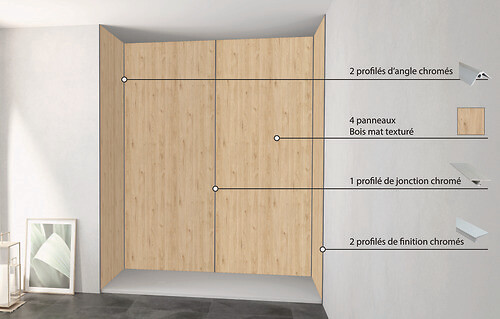 ONDEE - Pack de montage 4 panneaux muraux en niche - Bois 200 cm - profilés chromés - large