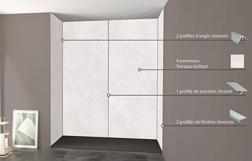ONDEE - Pack montage 4 panneaux muraux en niche - Terrazzo 200 cm - profilés chromés - large