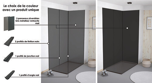 ONDEE - Pack montage 3 panneaux muraux en angle -  gris & anthracite 200 cm-profilé noir - large