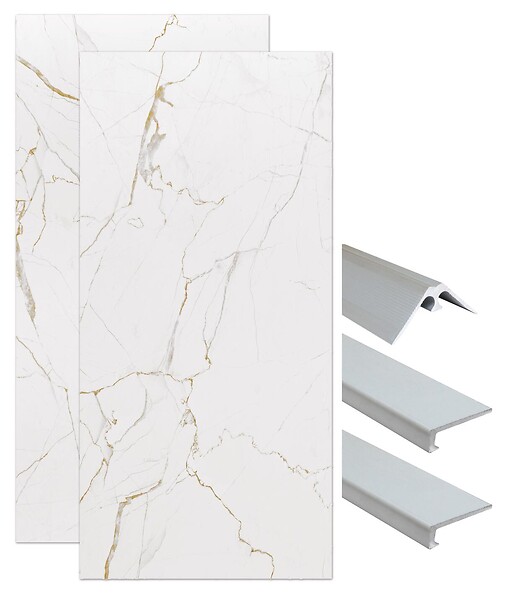 ONDEE - Pack de montage panneaux muraux Marbre Blanc effet mat 120 cm - Profilé chromé - large