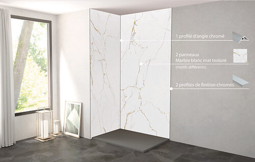 ONDEE - Pack de montage panneaux muraux Marbre Blanc effet mat 120 cm - Profilé chromé - large