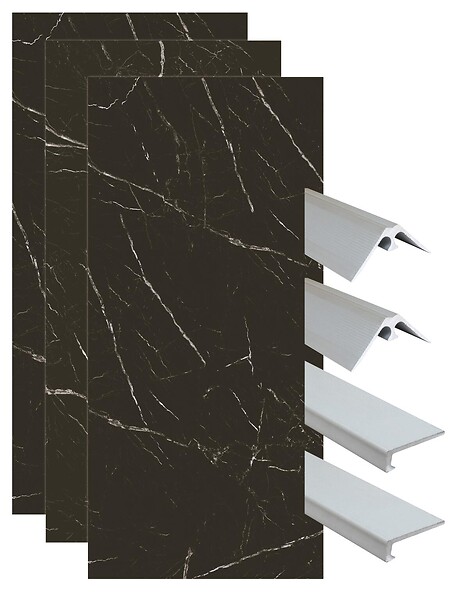 ONDEE - Pack montage 3 panneaux muraux en niche - marbre noir 120 cm - profilés chromés - large