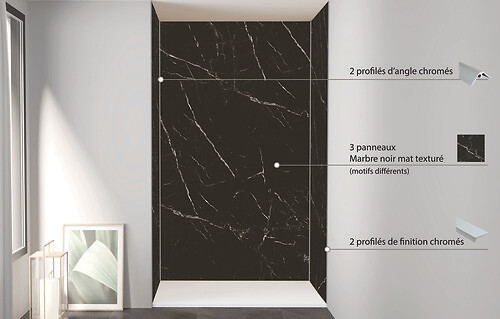 ONDEE - Pack montage 3 panneaux muraux en niche - marbre noir 120 cm - profilés chromés - large