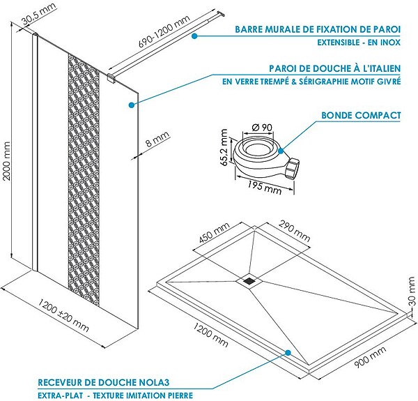 ONDEE - PACK DOUCHE - Receveur blanc 120X90cm + Paroi en 120cm + barre de fixation - large
