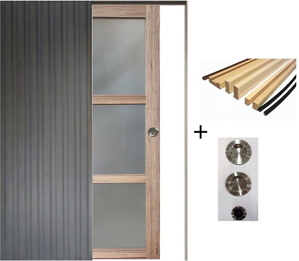 GD MENUISERIES - Porte Coulissante bois Frake Vitrée H204 x L73 cm, Galandage, kit finition (coquille et tire doigt) - large