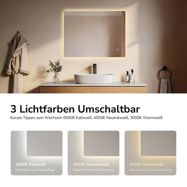 EMKE - EMKE Miroir LED Salle de Bain Rétroéclairé  60x80 cm, Interrupteur Tactile, Fonction Mémoire, 3 Couleurs - large