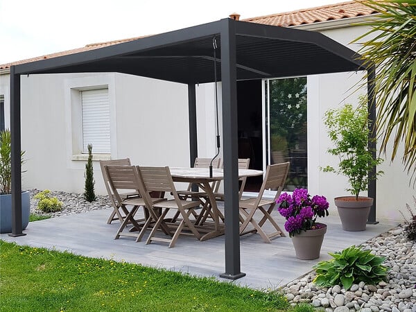 HABITAT ET JARDIN - Pergola bioclimatique toit 2 pans "Victoria" en aluminium et métal- 4 x 3 m - Gris - large