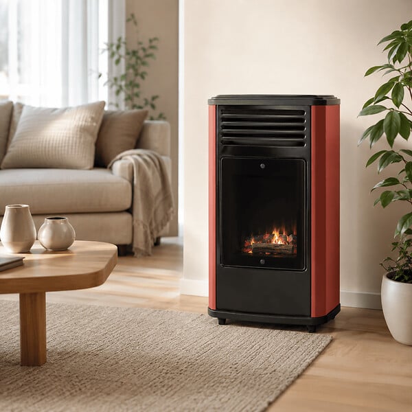 SAHARA - Poêle à gaz mobile 3,4KW Effet feu de bois - Chauffage gaz Rouge & Noir + Tuyau gaz + Détendeur butane Manhattan Sahara - large