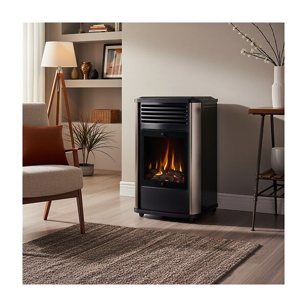 SAHARA - Poele à gaz 3.4KW Noir Effet feu de bois 3 niveaux de chauffe 40-80m2 Manhattan - large