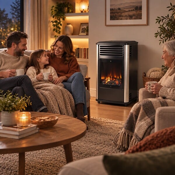 SAHARA - Poele à gaz 3.4KW Noir Effet feu de bois 3 niveaux de chauffe 40-80m2 Manhattan - large