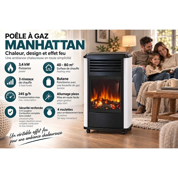 SAHARA - Poele à gaz 3.4KW Blanc et noir Chauffage d'appoint effet Feu Manhattan Sahara - large