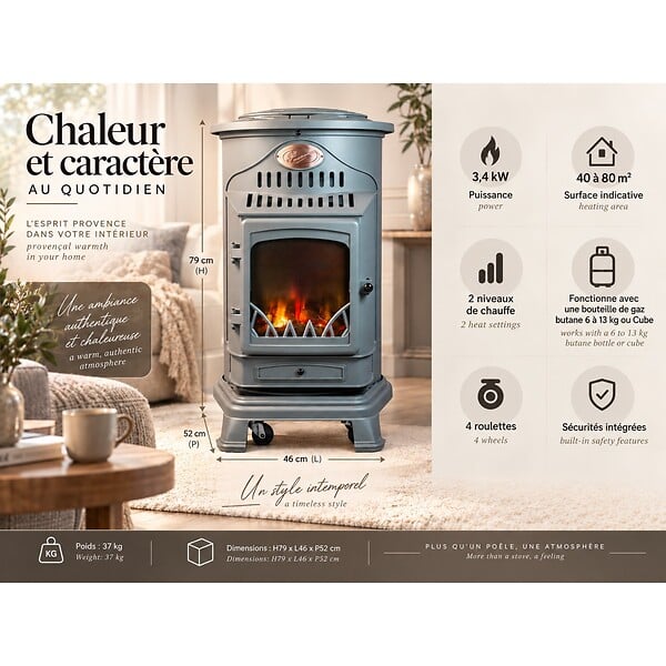 UNIVERSAL - Poêle à gaz Fonte véritable 3.4KW Gris Effet feu de bois Chauffage d'appoint Provence Sahara - large