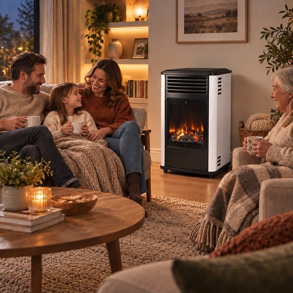 SAHARA - Chauffage à gaz 3.4 KW mobile Effet feu Blanc et Noir + Tuyau gaz + Détendeur butane Manhattan Sahara - large