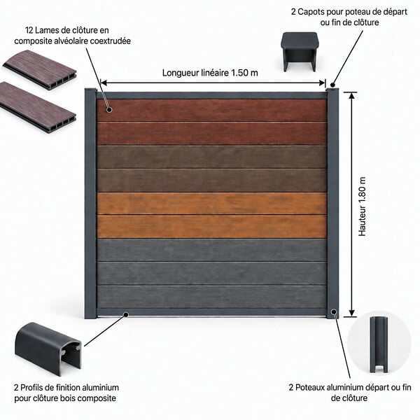 MCCOVER - Kit complet de départ/fin clôture en composite coextrudé 1,50 L x 1,80 H Charbon, H.180 cm, L.150 cm - large