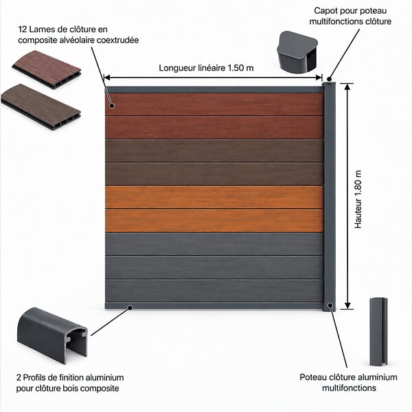 MCCOVER - Kit complet extension clôture en composite coextrudé 1,50 L x 1,80 H Charbon, H.180 cm, L.150 cm - large