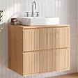 ID MARKET - Meuble sous vasque suspendu salle de bain VICTOR 2 tiroirs effet lattes - vignette
