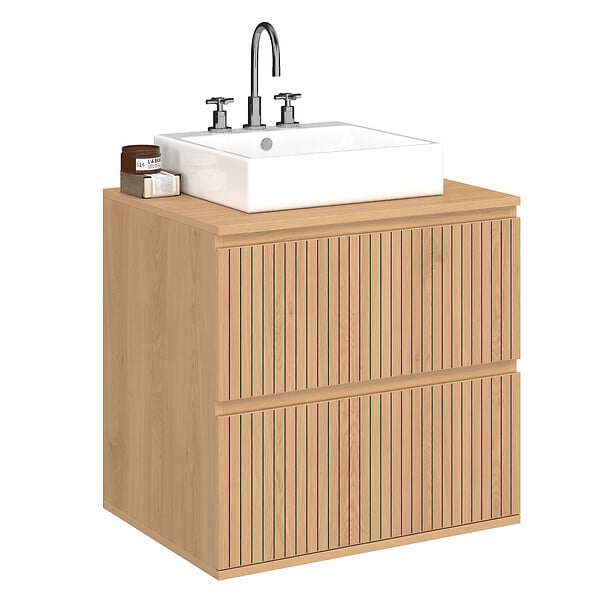 ID MARKET - Meuble sous vasque suspendu salle de bain VICTOR 2 tiroirs effet lattes - large