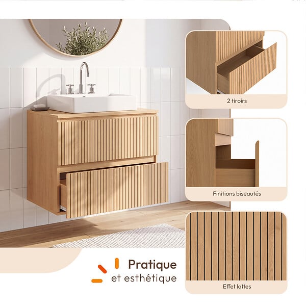 ID MARKET - Meuble sous vasque suspendu salle de bain VICTOR 2 tiroirs effet lattes - large