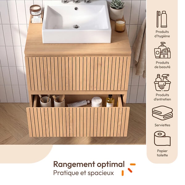 ID MARKET - Meuble sous vasque suspendu salle de bain VICTOR 2 tiroirs effet lattes - large