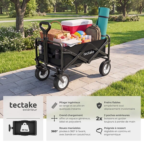 TECTAKE - Chariot pliable LEON avec freins, capacité de charge 80kg noir - large