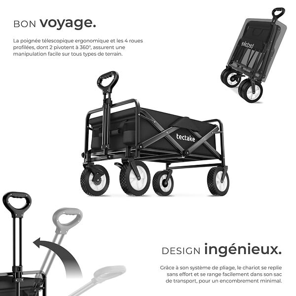 TECTAKE - Chariot pliable LEON avec freins, capacité de charge 80kg noir - large