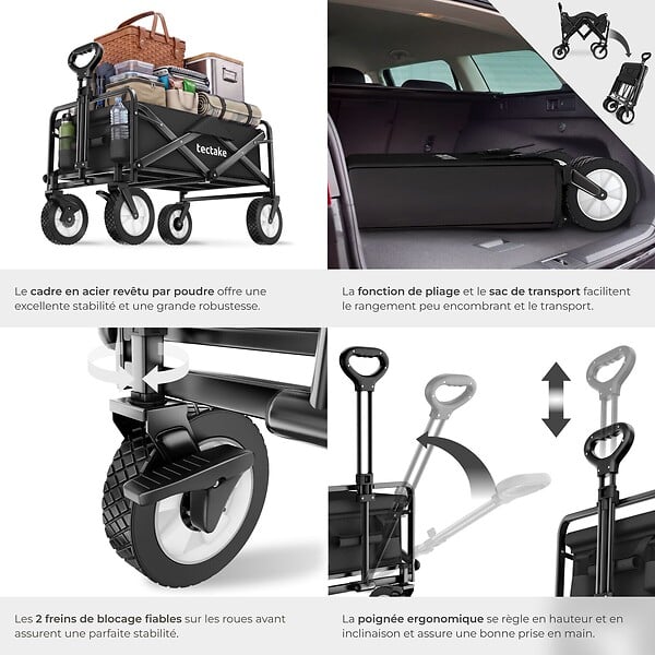 TECTAKE - Chariot pliable LEON avec freins, capacité de charge 80kg noir - large