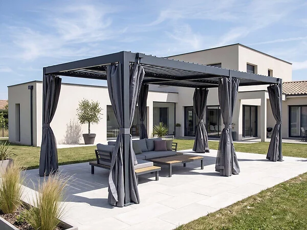 HABITAT ET JARDIN - Pergola bioclimatique en aluminium avec rideau et moustiquaire "Kensington" - 3 x 5 m - Gris - large