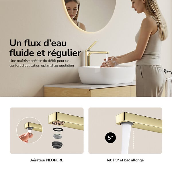EMKE - EMKE Mitigeur de Lavabo Surélevé Monocommande 335mm en Laiton, Robinet pour Vasque à Poser avec Aérateur NEOPERL, Or Champagne - large